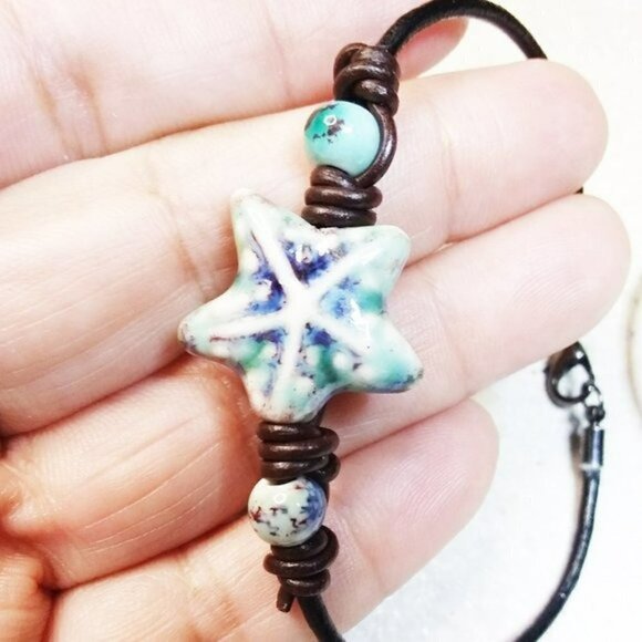 Coastal Cowgirl! Boho Beach Lovers! Ceramic Starfish + Beads + Knotted Leather - Picture 3 of 7